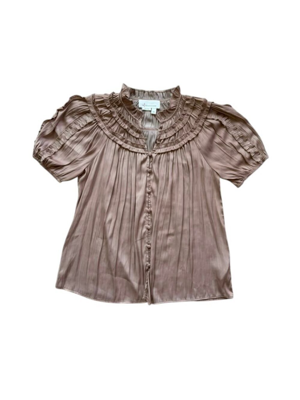 Anthropologie Women's XXS Satin Pleated Ruffle Blouse Taupe Puff Sleeve Top.